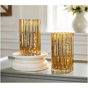 Valerie Parr Hill Set of 2 Illuminated Mercury Glass Hurricanes Gold